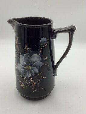 Vintage Victorian Blackware Jug/Pitcher with Hand-Painted Floral Design